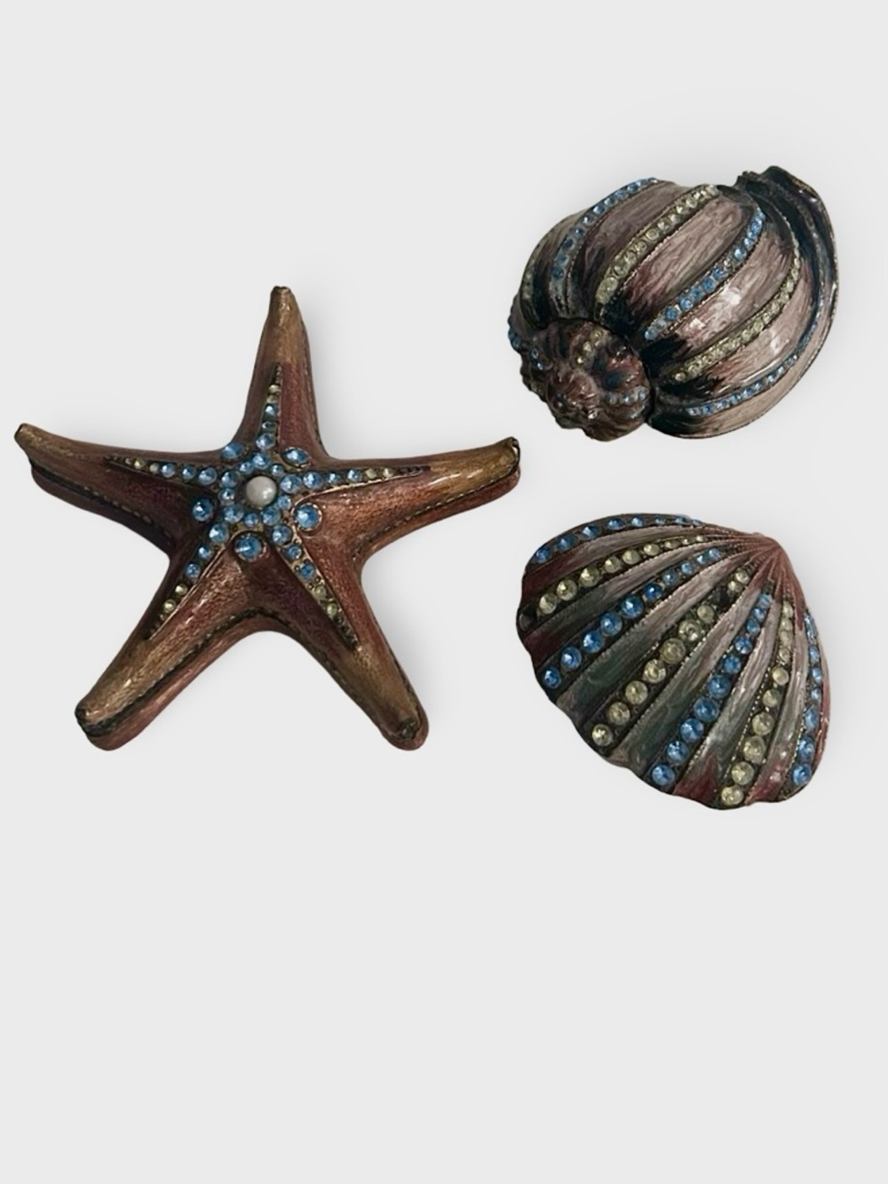 Vintage Enameled Trinket Boxes Set Seashell Starfish Rhinestone Coastal Decor